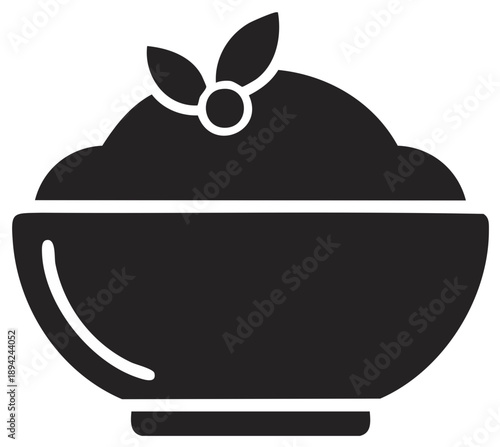 Food bowl icon with a fresh leaf garnish, simple black glyph vector silhouette