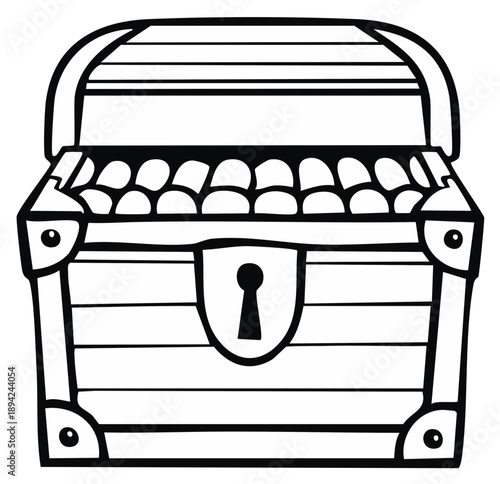 Open treasure chest filled with gold coins cartoon illustration line art drawing