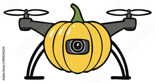Funny drone shaped like a pumpkin with a camera in the center, cartoon style