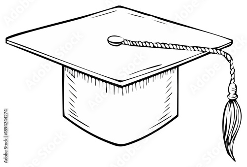 Hand drawn black and white graduation cap with tassel illustration