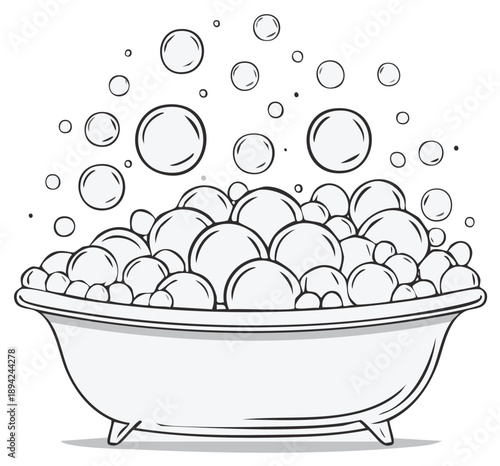 Hand drawn bathtub filled with bubbles, bubbles floating above, illustration art for children's book or playful designs.