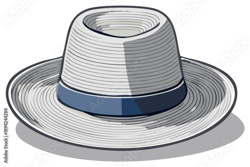 Illustration of a stylish, light-colored fedora hat with a blue band, isolated