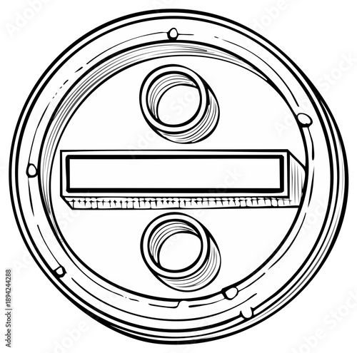 Stylized division symbol design with geometric elements and dimensional shading in black and white outline