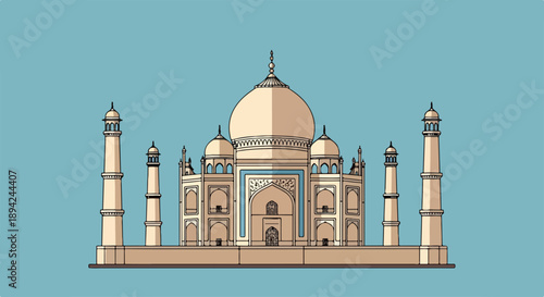 Digital illustration of the Taj Mahal with a large central dome and four smaller domes on a light blue background.