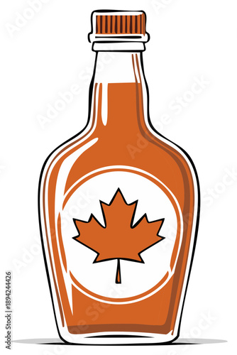Maple Syrup Bottle Clip Art Illustration with Leaf Symbol, Sweetener Product, North American Food