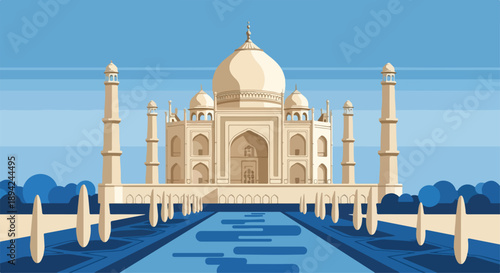 Digital illustration of the Taj Mahal with a large reflecting pool in front of it under a clear blue sky.