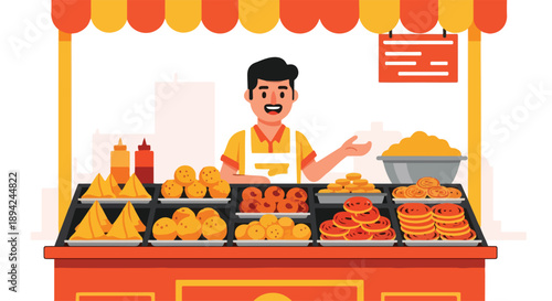 Flat illustration of a man standing behind a food cart filled with various pastries and sandwiches under a colorful awning.