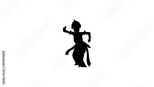 A black silhouette of a traditional Balinese or Thai dancer in a classic pose with ornate headgear.