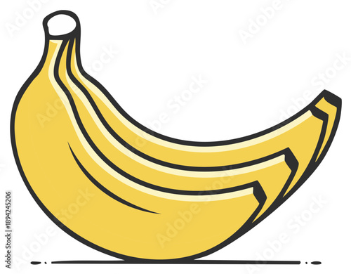 Stylized banana image of a ripe fruit rendered with a cartoon outline and playful shadow, adding a charming and vibrant touch