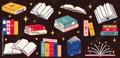 A set of reading books on a dark background. Educational literature, stacks of books.