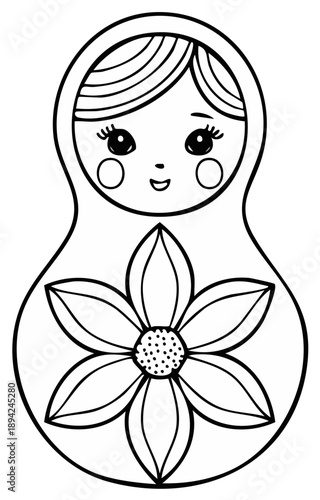 Outlined Russian doll with floral design, black and white illustration