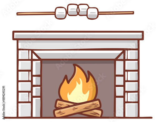 Cozy fireplace scene with warm burning fire and marshmallows roasting on a stick