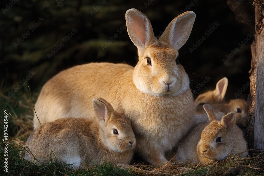 Fototapeta premium Mother rabbit with kits resting in grass