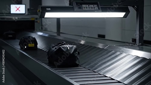 Black luggage bag moving on a conveyor belt in an airport baggage claim or security check area.