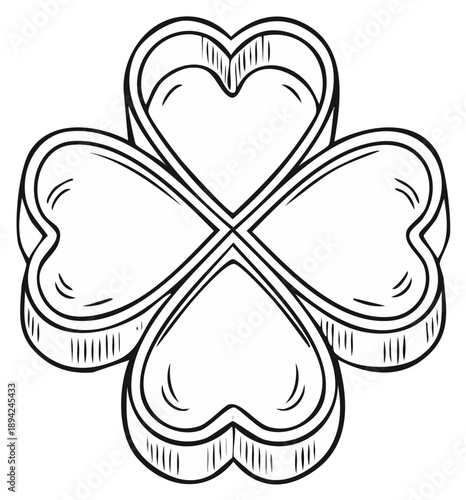 Stylized Four Leaf Clover with Heart Shapes Hand Drawn Outline Illustration