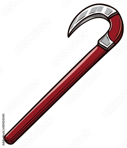 Red and silver curved walking stick illustration, isolated on white background
