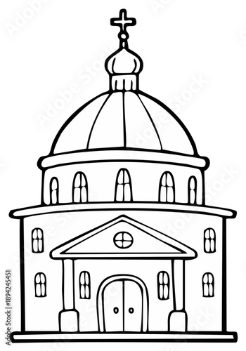 Architectural Drawing of a Traditional Religious Building with a Dome and Cross Symbol