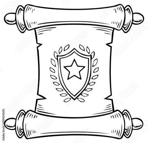 Scroll of honor with shield and star emblem, laurel wreath and wooden rollers