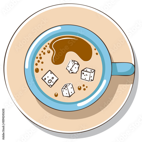 Illustration of coffee cup with ice cubes and coffee spot in the cream on a saucer, cartoon style.