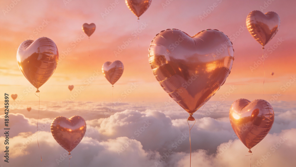 Fototapeta premium Heart-shaped balloons floating above soft white clouds at sunset with warm golden light, pink and peach sky gradient, glossy reflections and a feeling of romantic freedom, photorealistic cinematic