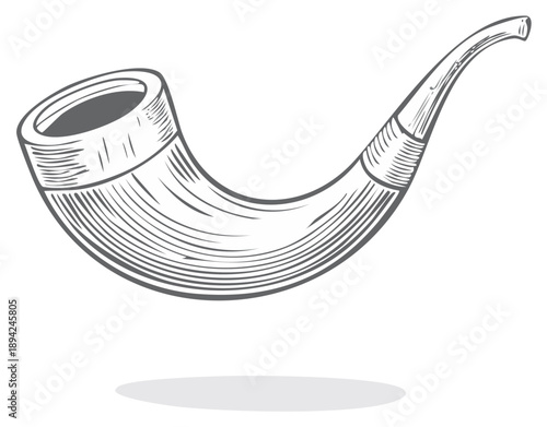 Traditional ram's horn shofar drawing with detailed crosshatch texture for religious celebration
