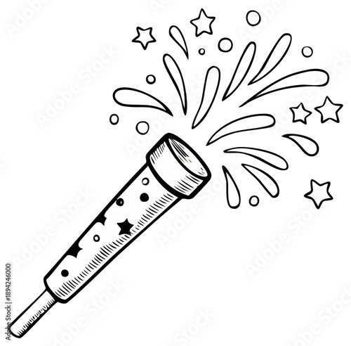 Party popper with exploding confetti and stars, hand drawn illustration.