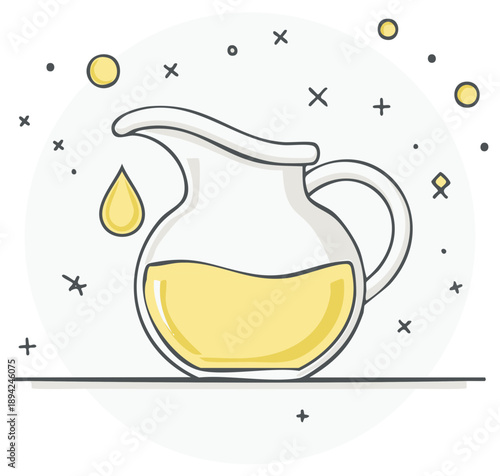 Illustrative pitcher with yellow liquid and a falling drop, set against a whimsical background with circles and crosses.