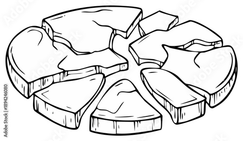 Abstract circular shape breaking apart into fragmented pieces symbolizing crisis and deconstruction