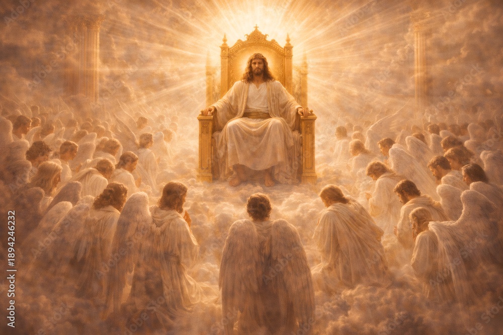 Fototapeta premium Jesus christ enthroned in glory, angels worshipping