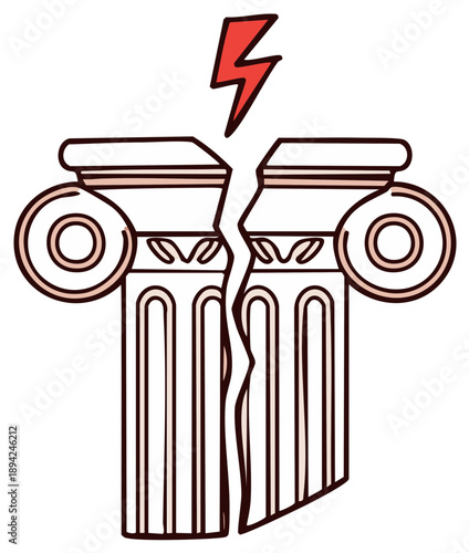 Broken classical column struck by a lightning bolt illustration symbolizing crisis failure and institutional collapse