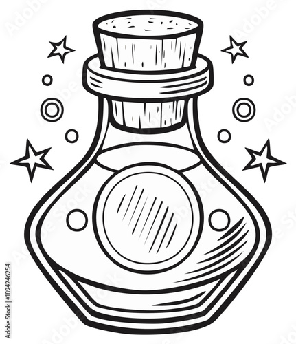 Cartoon illustration of a magic potion bottle with cork, stars, and bubbles
