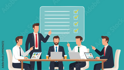 Professional Businessman Presenting Project Checklist to Colleagues During Corporate Boardroom Strategy Meeting