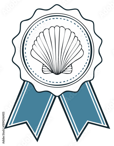 Award badge illustration featuring a seashell emblem and blue ribbons