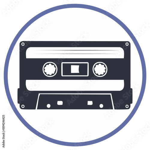 Retro cassette tape design in a blue circular frame, music vintage illustration