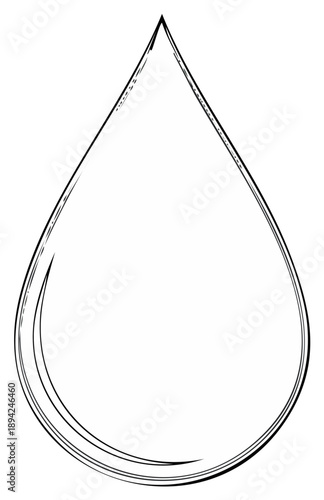 Minimalist black and white hand drawn illustration of a single water drop or teardrop outline