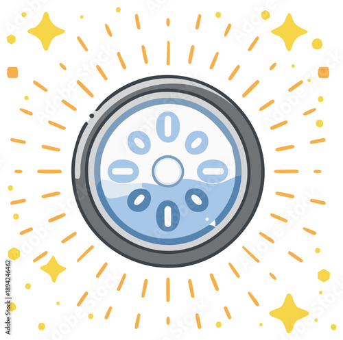 Water filter element illustration with clean drinking water concept and glowing stars.