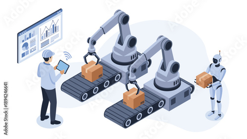 Modern Automated Warehouse with Robotic Arms and Worker Monitoring via Tablet and Digital Screen