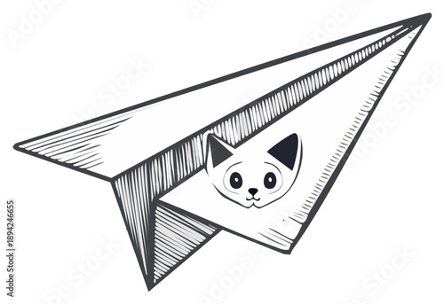 Playful Cartoon Kitten Face on Sketchy Paper Plane Design