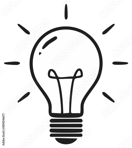 Hand drawn light bulb doodle glowing with radiant energy symbol of inspiration and new ideas