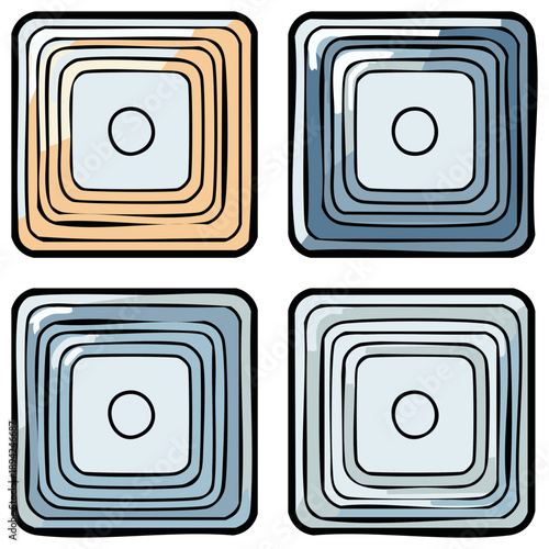 Four stylized abstract square designs feature concentric shapes and rounded corners.