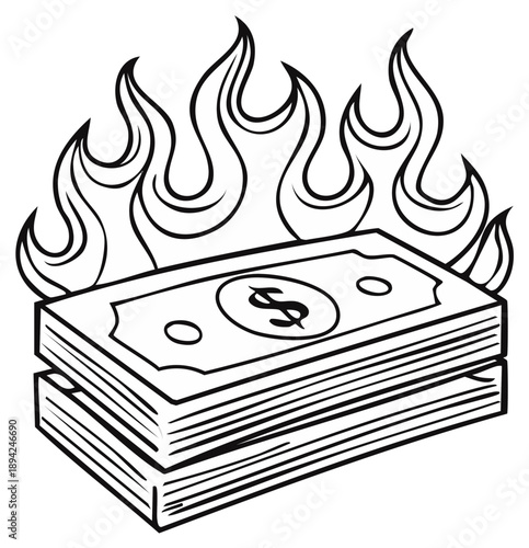 Money burning in flames vector illustration. Financial loss concept.