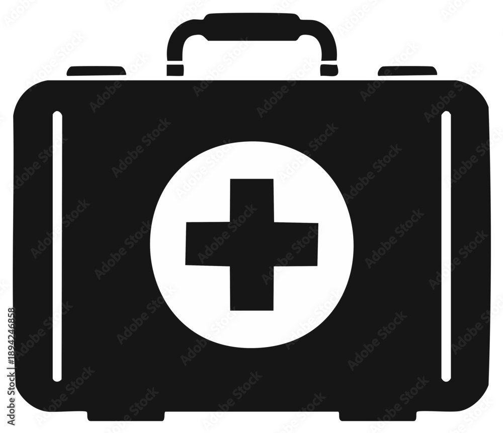 Obraz premium Medical first aid kit with cross symbol in a circle, emergency care concept