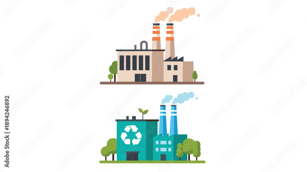 Obraz premium Comparison of Traditional Industrial Factory and Sustainable Green Recycling Facility with Ecological Symbols
