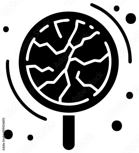 Abstract cracked globe with handle and scattered circles, depicting damage, fragmentation, and global issues in a minimalist design