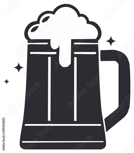 Stylized dark beer mug with frothy head and sparkling highlights