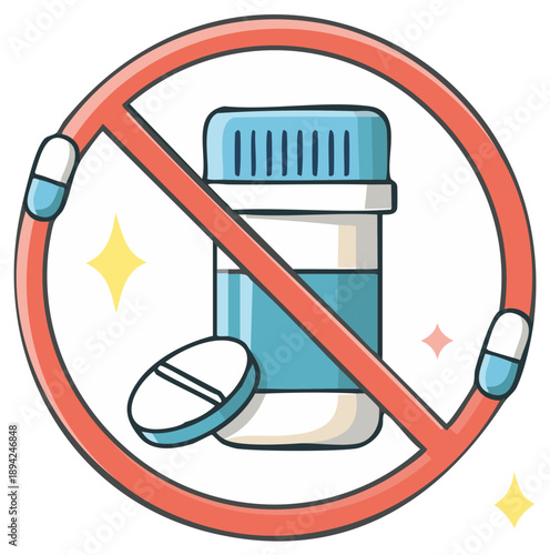 No Drugs or Pills Sign Illustration with Forbidden Medication Bottle and Capsules