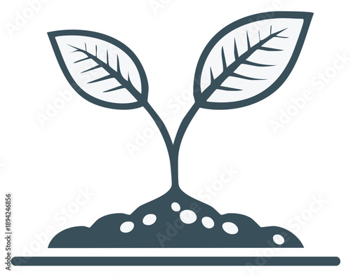 Simple graphic of a seedling with two green leaves emerging from dark soil representing growth and new beginnings