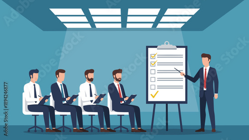 Professional Business Presentation with Speaker Explaining Checklist to Audience in Meeting Hall