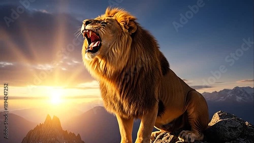 Majestic lion roaring on a rocky outcrop against a dramatic sunset background.
