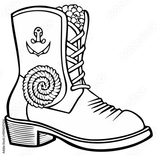 Nautical themed boot illustration with rope spiral and anchor design for coloring pages